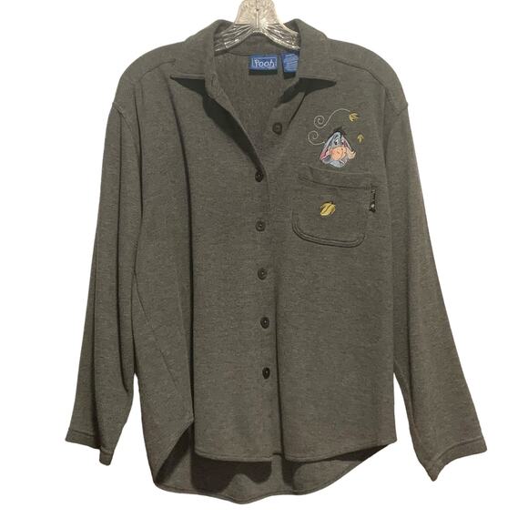 Women's DISNEY Top Sz M Eeyore Embroidered Button Down Shirt Gray Pooh Character - Picture 1 of 10